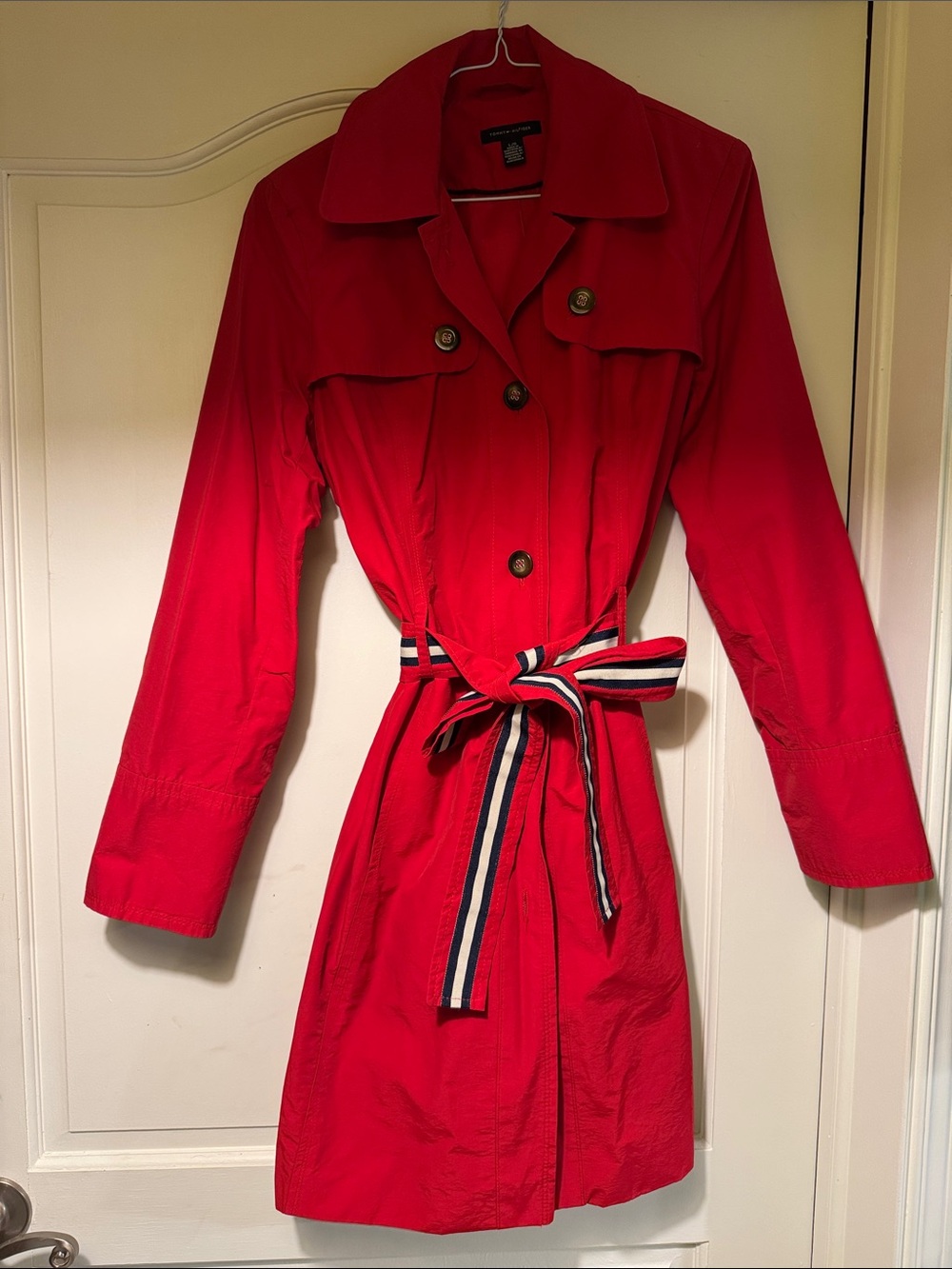 Tommy Hilfiger Red Trench Coat with Striped Waist Tie